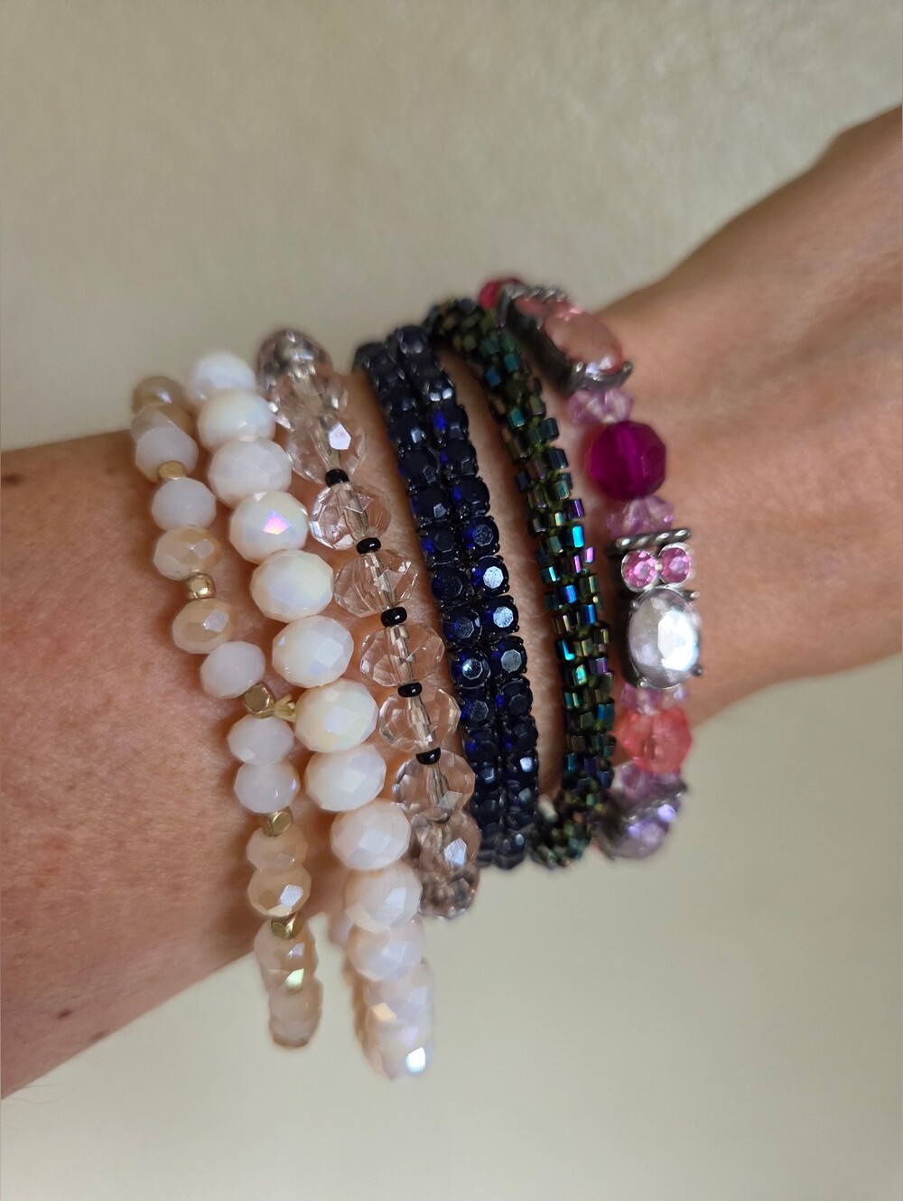 lot of 6 beaded stretch bracelets crystal seed bead tassel rhinestone multi stra